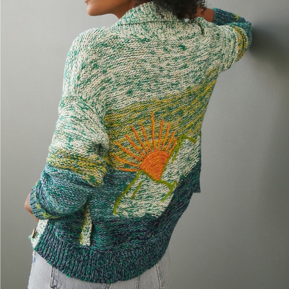 Pilcro Sweaters - Anthropologie Pilcro Sunset Embroidered Cardigan Green Yellow Rare Sun Sz XS